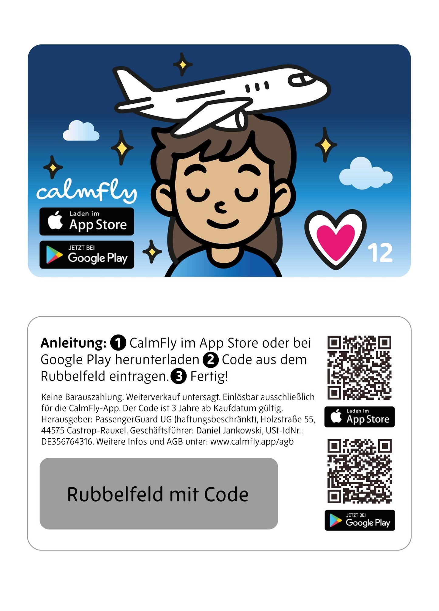 CalmFly App Entspannter Fliegen Zugangscode – 12 Monate Geschenkkarte Codekarte