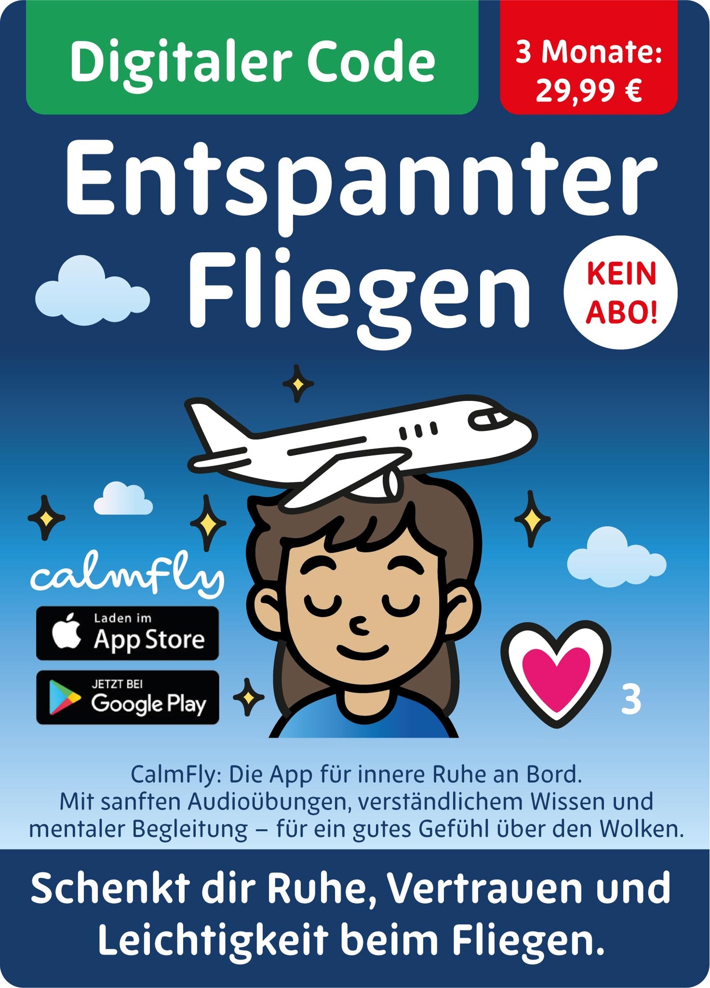 CalmFly App – Digitaler Code für 3 Monate entspannter fliegen ohne Abo. Sanfte Audioübungen, Wissen und mentale Begleitung für ruhige Flüge.