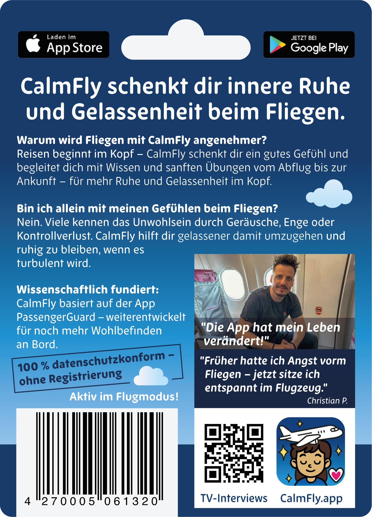 CalmFly App – Rückseite der Geschenkkarte mit Code und Rubbelfeld für 12 Monate entspannter fliegen ohne Abo. Sanfte Audioübungen, Wissen und mentale Begleitung für ruhige Flüge.