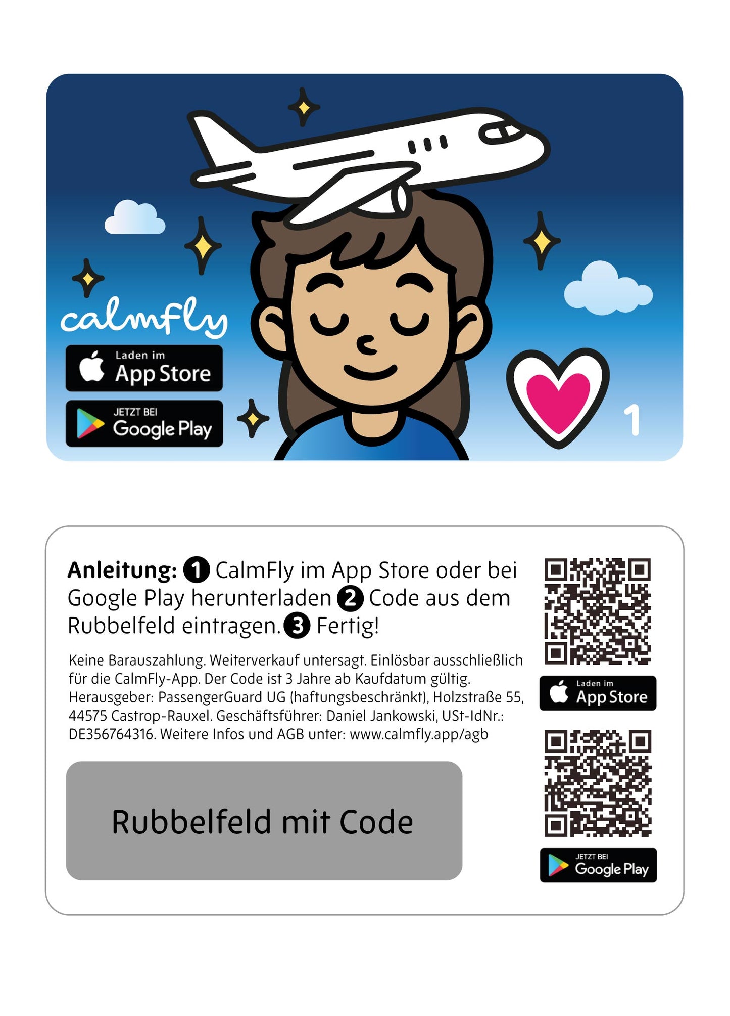 CalmFly App Entspannter Fliegen Zugangscode – 1 Monat Geschenkkarte Codekarte