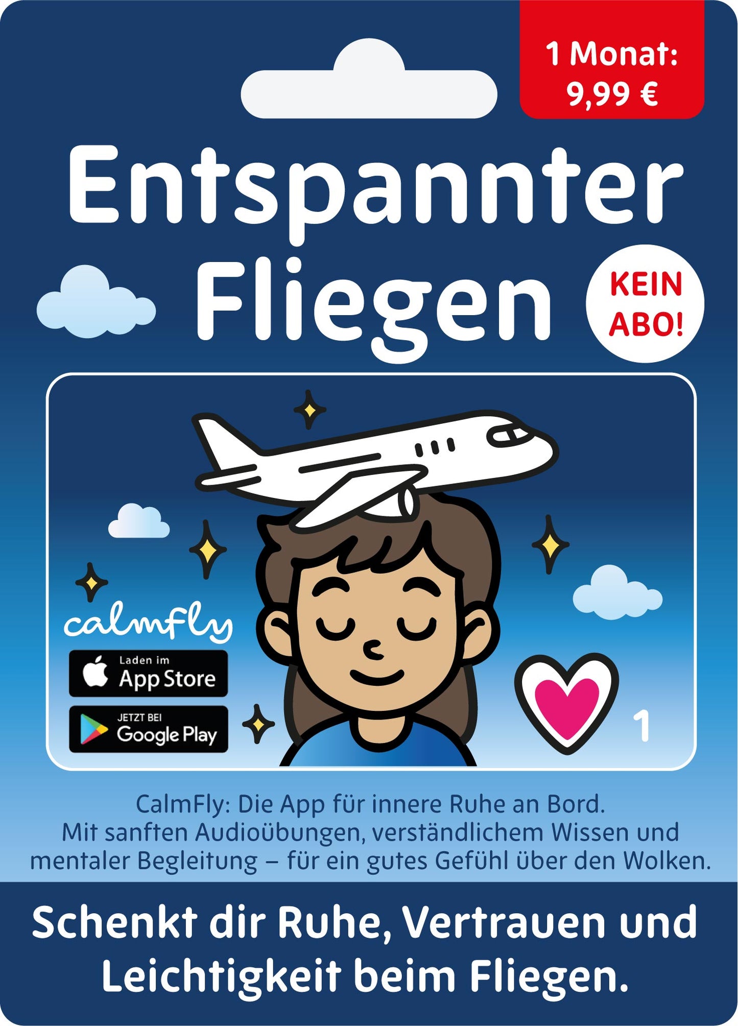 CalmFly App – Geschenkkarte mit Code und Rubbelfeld für 1 Monat entspannter fliegen ohne Abo. Sanfte Audioübungen, Wissen und mentale Begleitung für ruhige Flüge.