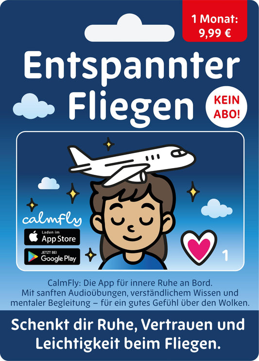 CalmFly App – Geschenkkarte mit Code und Rubbelfeld für 1 Monat entspannter fliegen ohne Abo. Sanfte Audioübungen, Wissen und mentale Begleitung für ruhige Flüge.