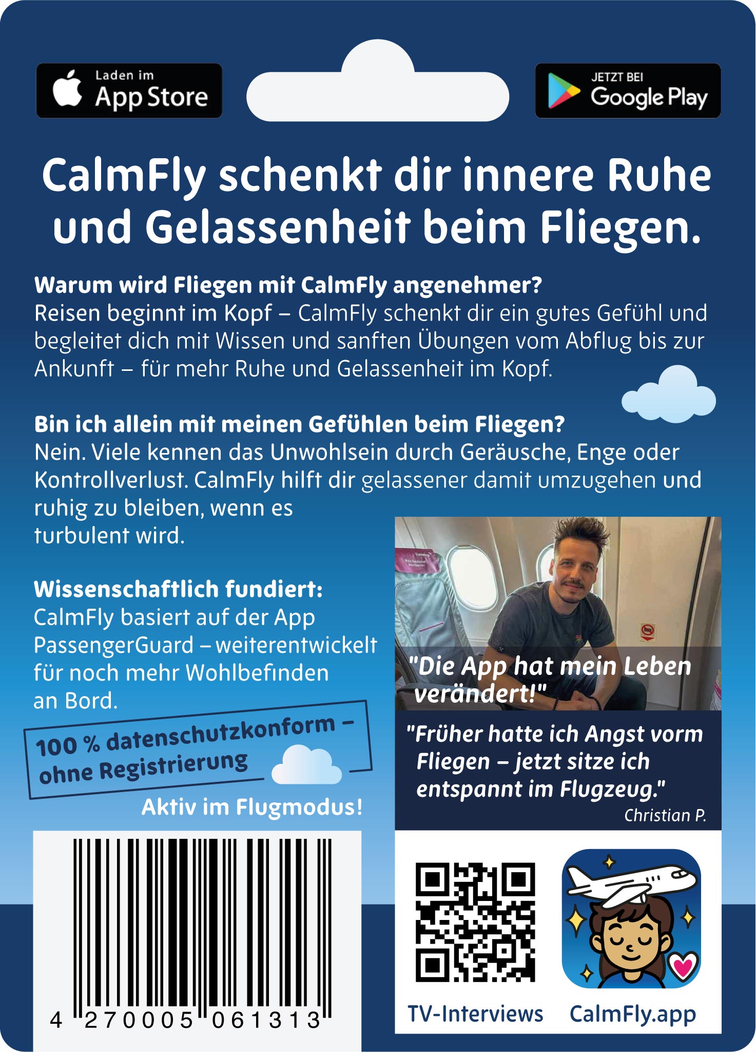 CalmFly App – Rückseite der Geschenkkarte mit Code und Rubbelfeld für 3 Monate entspannter fliegen ohne Abo. Sanfte Audioübungen, Wissen und mentale Begleitung für ruhige Flüge.